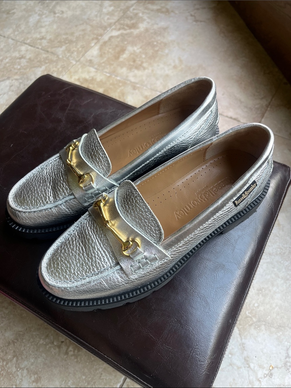 Russell & Bromley Silver Metallic Leather Loafers with Gold Bit New without Box